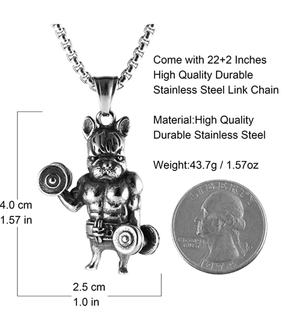 Workout Dumbbell Necklace Bulldog Pitbull Pendant Jewelry Dog Chain Doggy Puppy Birthday Gift 24in.