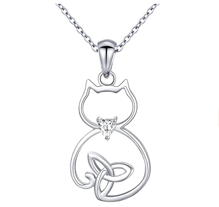 Simulated Diamond Heart Cat Necklace Kitty Pendant Jewelry Cat Chain Birthday Gift 925 Sterling Silver 18in.
