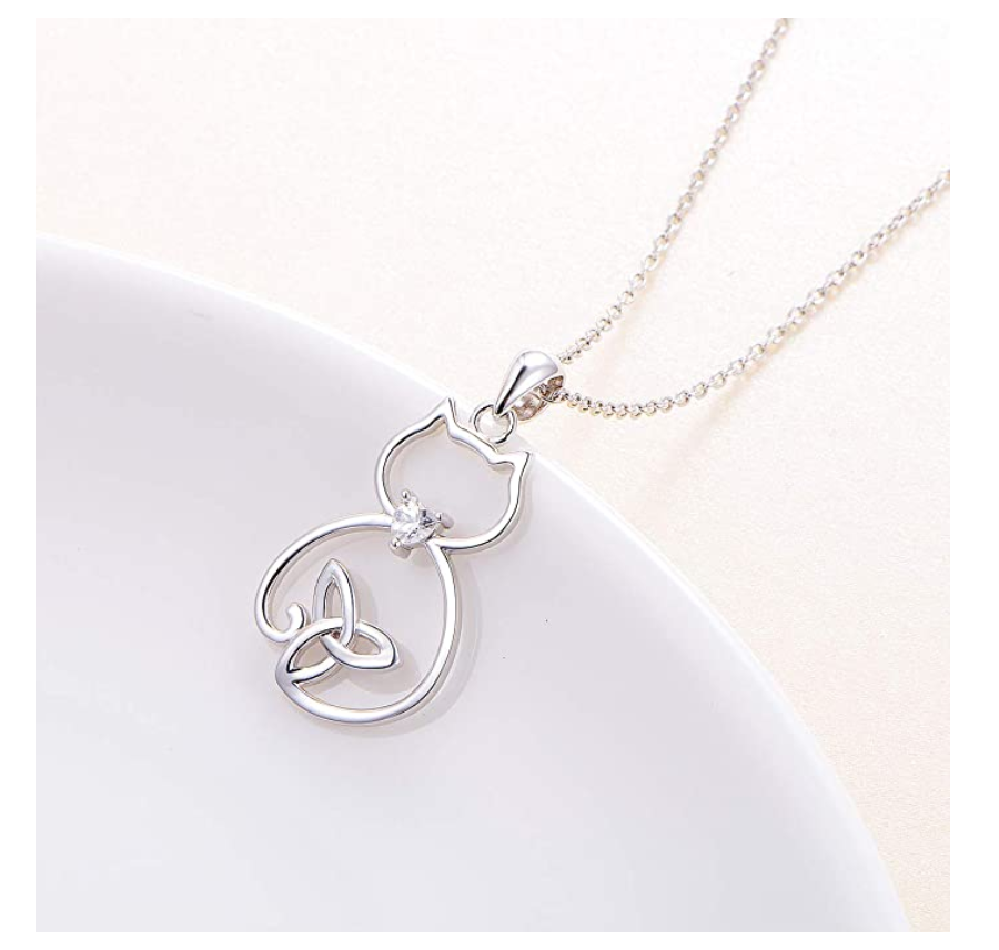 Simulated Diamond Heart Cat Necklace Kitty Pendant Jewelry Cat Chain Birthday Gift 925 Sterling Silver 18in.