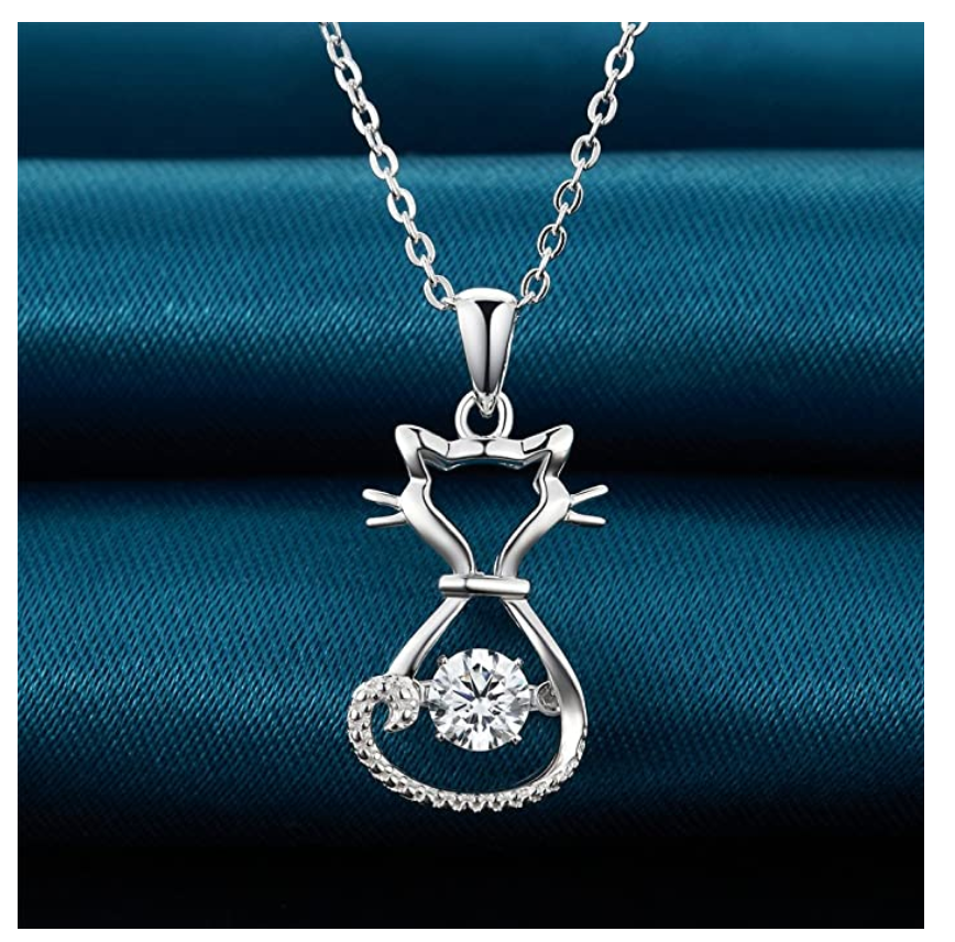Simulated Diamond Cat Necklace Kitty Pendant Jewelry Cat Chain Birthday Gift 925 Sterling Silver 18in.
