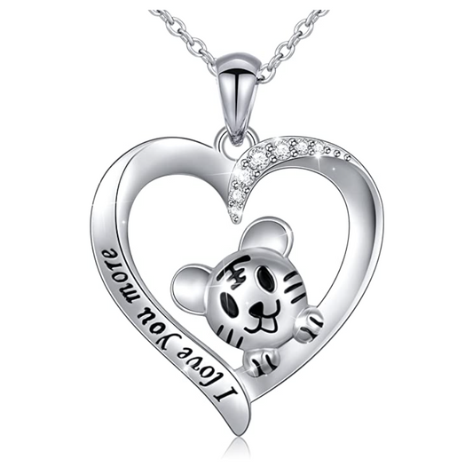 Simulated Diamond Heart Cat Necklace I love Kitty Pendant Jewelry Cat Chain Birthday Gift 925 Sterling Silver 18in.