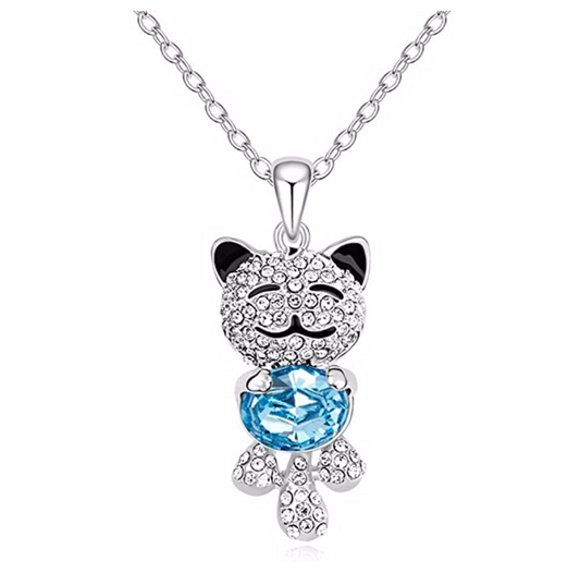 Simulated Blue Pink Diamond Cat Necklace Kitty Pendant Jewelry Cat Chain Birthday Gift 925 Sterling Silver 16in.
