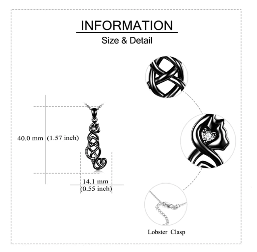 Celtic Cat Necklace Black Cat Irish Celtic Knot Pendant Jewelry Kitty Chain Birthday Gift Simulated Diamonds 18in.