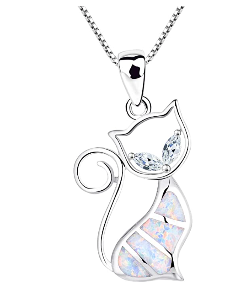 Cat Sitting Created Opal Necklace Cat Pendant Jewelry Kitty Chain Birthday Gift 925 Sterling Silver 18in.