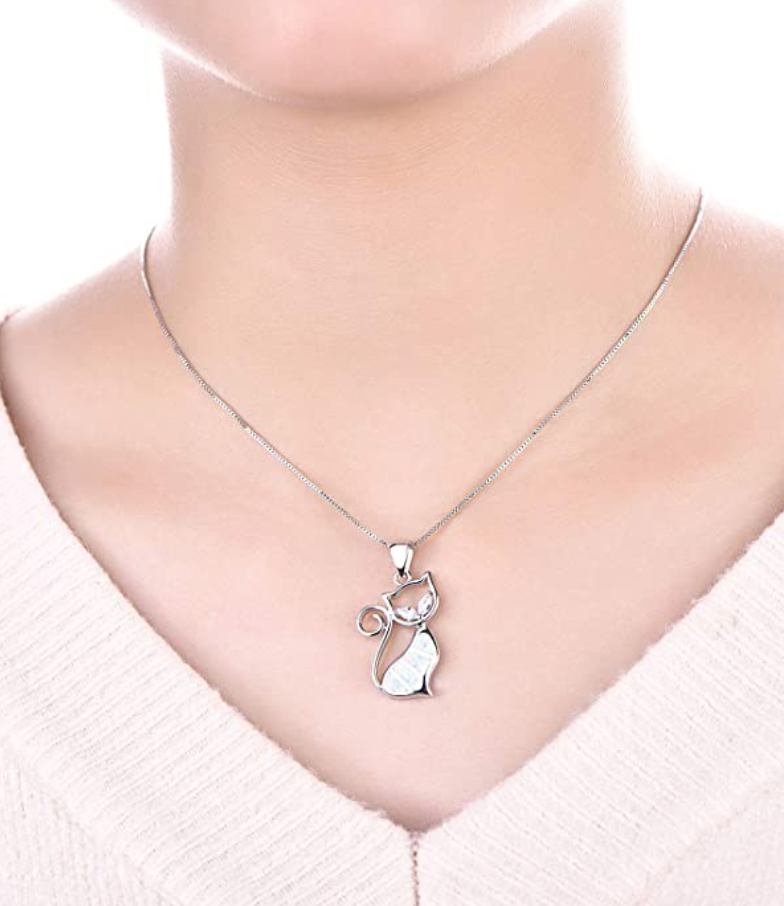 Cat Sitting Created Opal Necklace Cat Pendant Jewelry Kitty Chain Birthday Gift 925 Sterling Silver 18in.