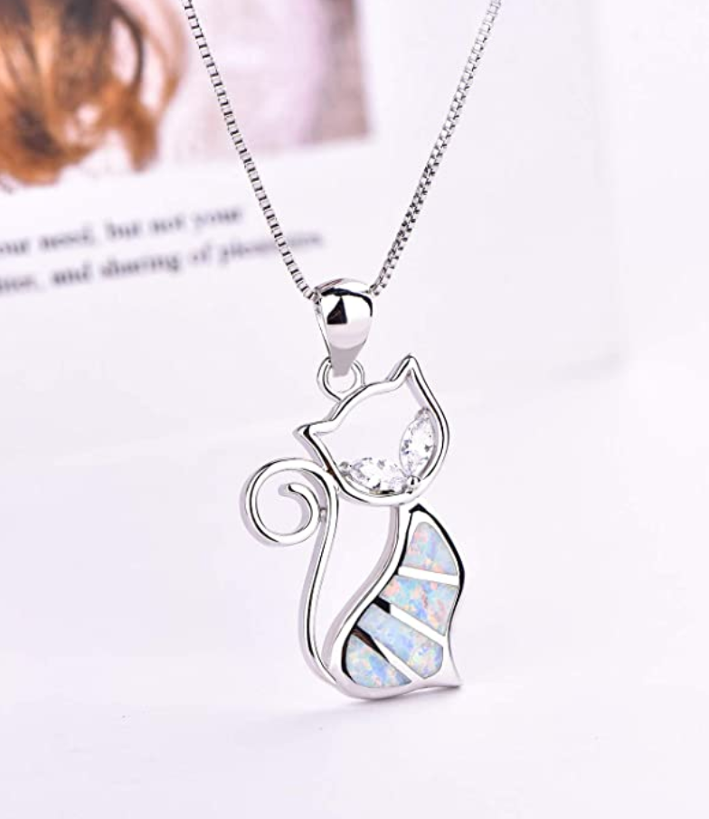 Cat Sitting Created Opal Necklace Cat Pendant Jewelry Kitty Chain Birthday Gift 925 Sterling Silver 18in.