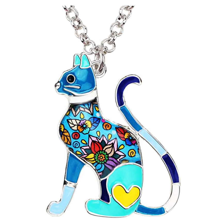 Fancy Colorful Cat Necklace Flower Kitty Cat Pendant Jewelry Cat Chain Birthday Gift 18in.