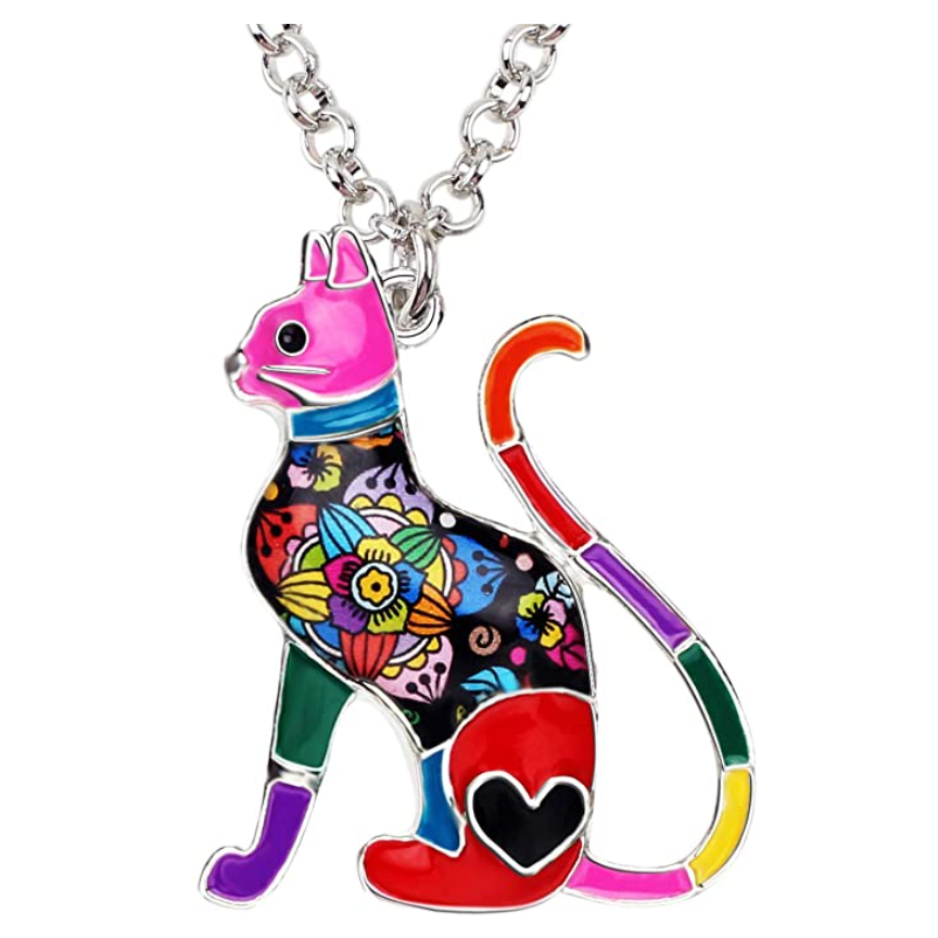 Fancy Colorful Cat Necklace Flower Kitty Cat Pendant Jewelry Cat Chain Birthday Gift 18in.