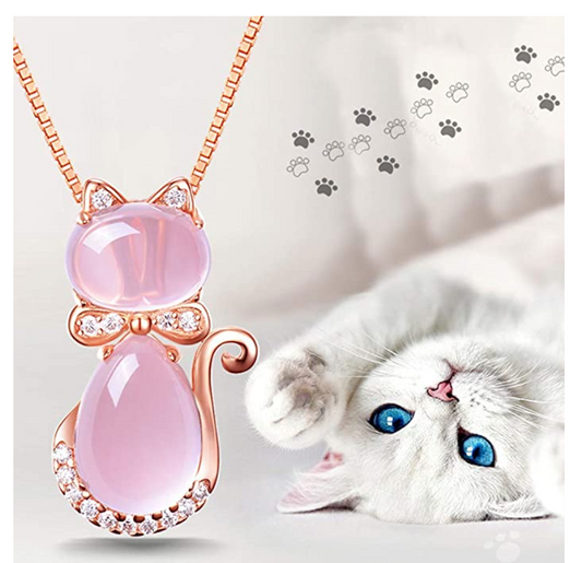 Pink Cat Necklace Simulated Diamond Love Cat Pendant Jewelry Kitty Chain Birthday Gift 925 Sterling Silver Rose Gold 18in.