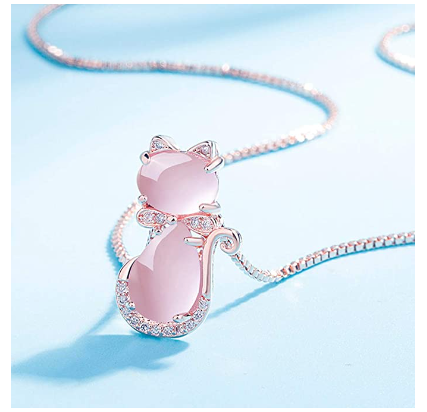 Pink Cat Necklace Simulated Diamond Love Cat Pendant Jewelry Kitty Chain Birthday Gift 925 Sterling Silver Rose Gold 18in.