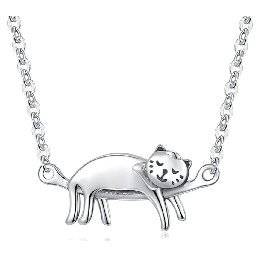 Cute Cat Sleeping Necklace Cat Hanging Pendant Jewelry Kitty Chain Birthday Gift 925 Sterling Silver 18in.