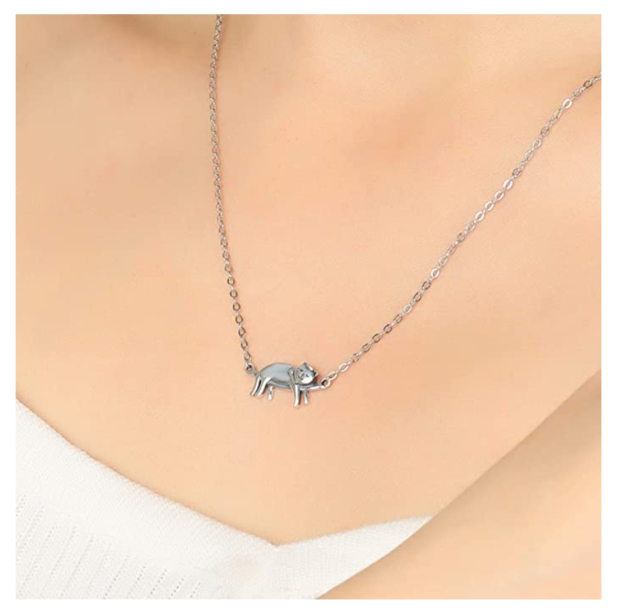 Cute Cat Sleeping Necklace Cat Hanging Pendant Jewelry Kitty Chain Birthday Gift 925 Sterling Silver 18in.