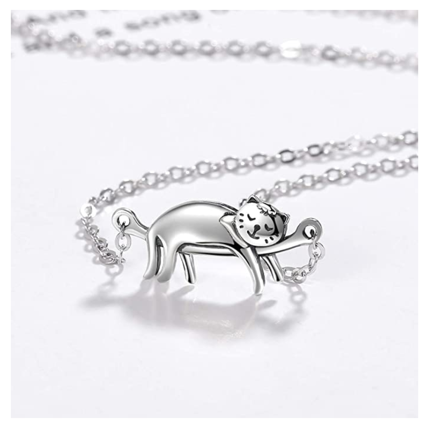 Cute Cat Sleeping Necklace Cat Hanging Pendant Jewelry Kitty Chain Birthday Gift 925 Sterling Silver 18in.