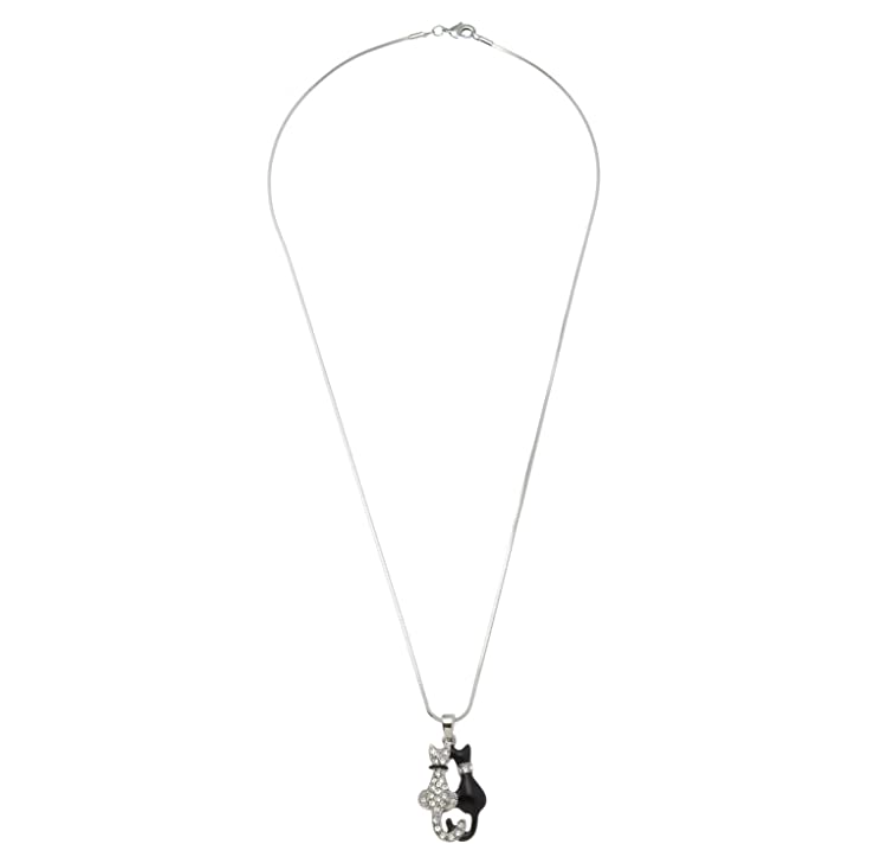 Black & White Cat Necklace Simulated Diamond Cat Pendant Jewelry Kitty Chain Birthday Gift 925 Sterling Silver 18in.