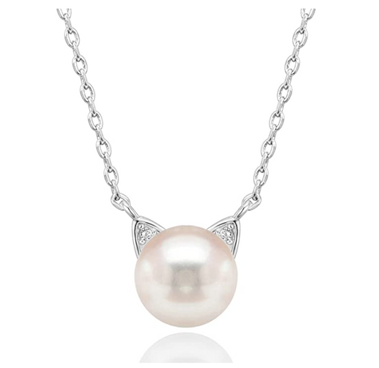 Rose Gold Color Cat Ears Necklace Simulated Freshwater Cultured Pearl Diamond Cat Pendant Jewelry Kitty Chain Birthday Gift 925 Sterling Silver 18in.