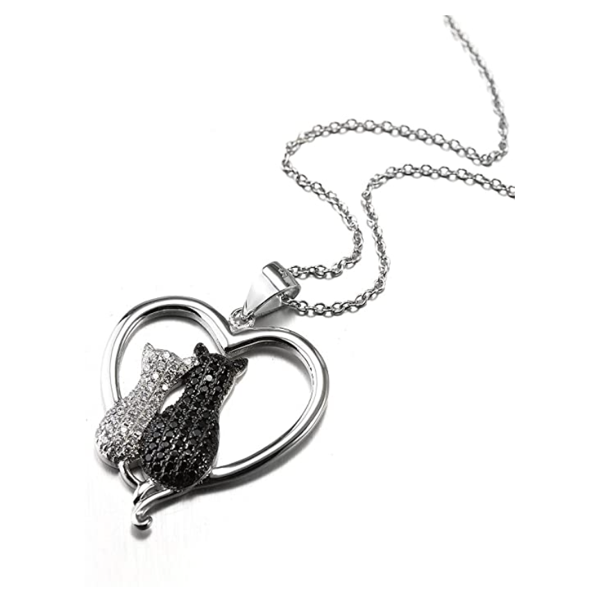 Black & White Cat Necklace Love Heart Diamond Cat Pendant Jewelry Kitty Chain Birthday Gift 925 Sterling Silver 18in.