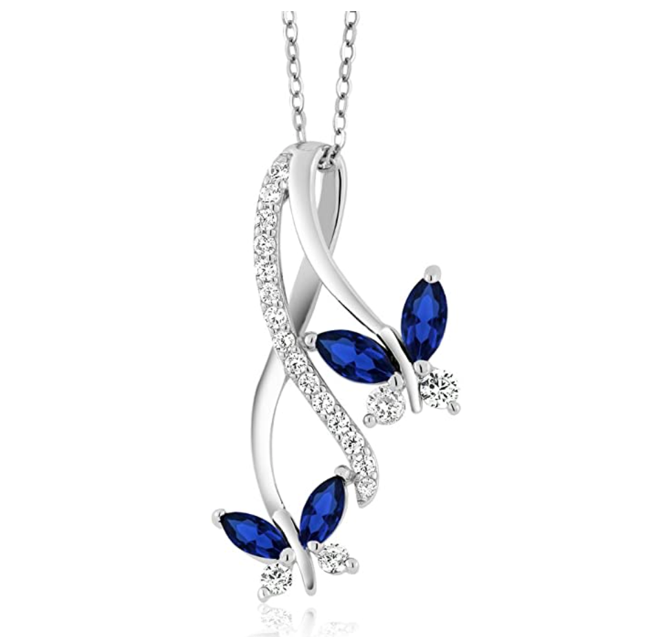 925 Sterling Silver Butterfly Necklace Created Blue Sapphire Diamond Butterfly Pendants Jewelry Butterfly Chain Birthday Gift Silver Color 18in.