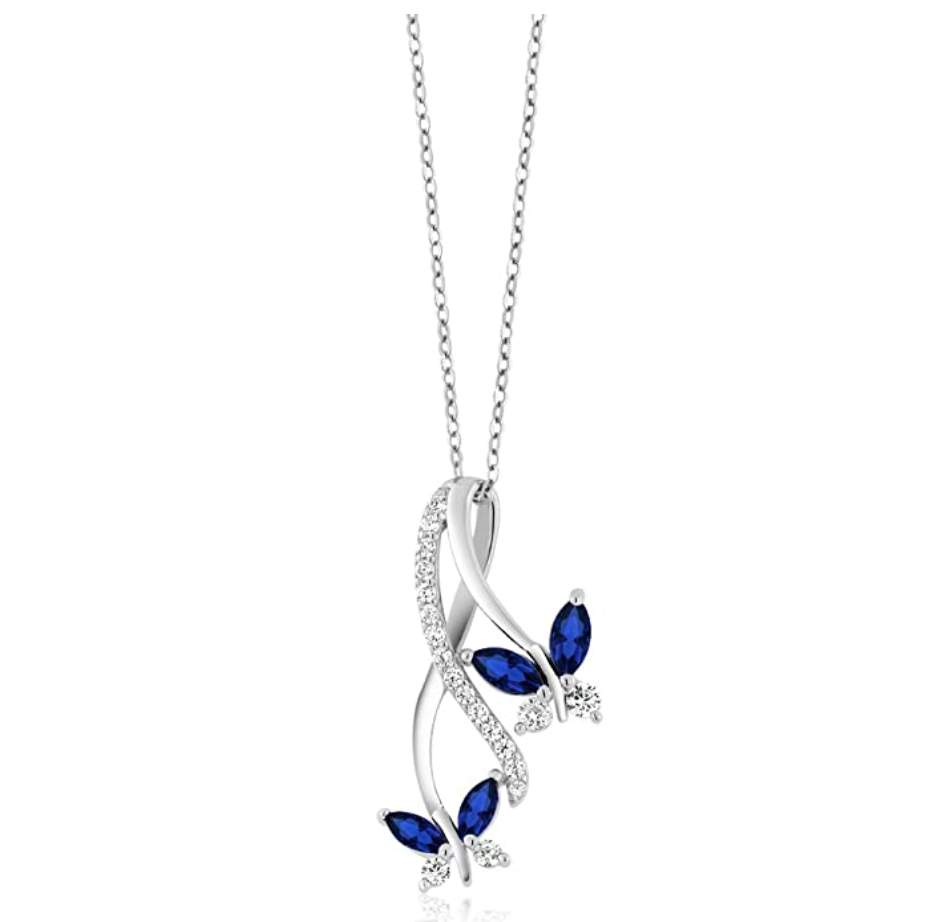 925 Sterling Silver Butterfly Necklace Created Blue Sapphire Diamond Butterfly Pendants Jewelry Butterfly Chain Birthday Gift Silver Color 18in.