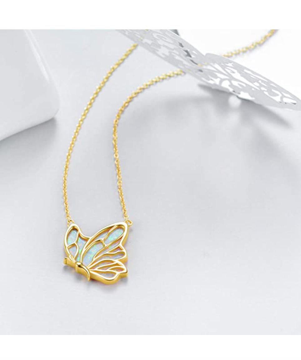 White Created Opal Butterfly Necklace Rose Gold Butterfly Pendants Jewelry Butterfly Chain Birthday Gift 925 Sterling Silver 18in.