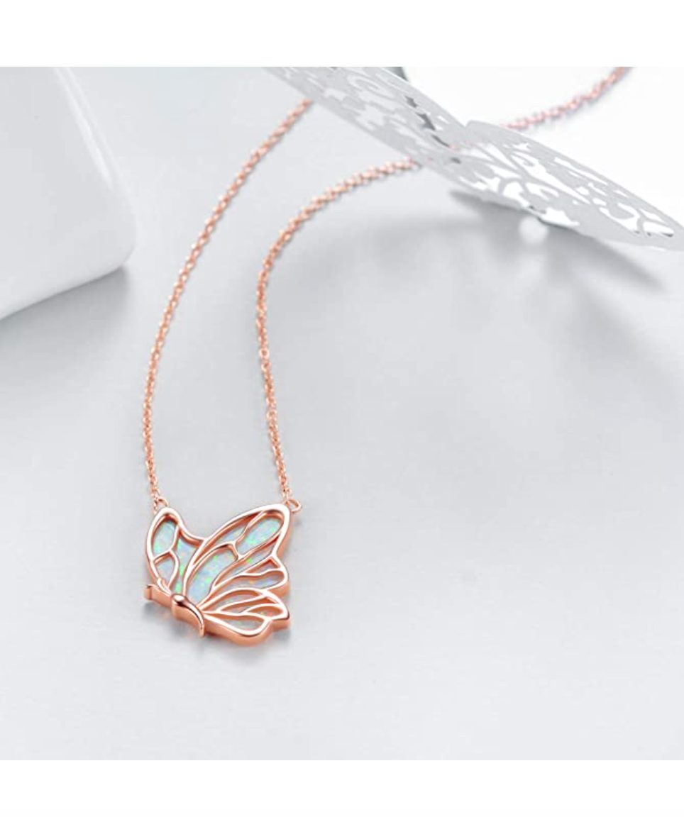 White Created Opal Butterfly Necklace Rose Gold Butterfly Pendants Jewelry Butterfly Chain Birthday Gift 925 Sterling Silver 18in.