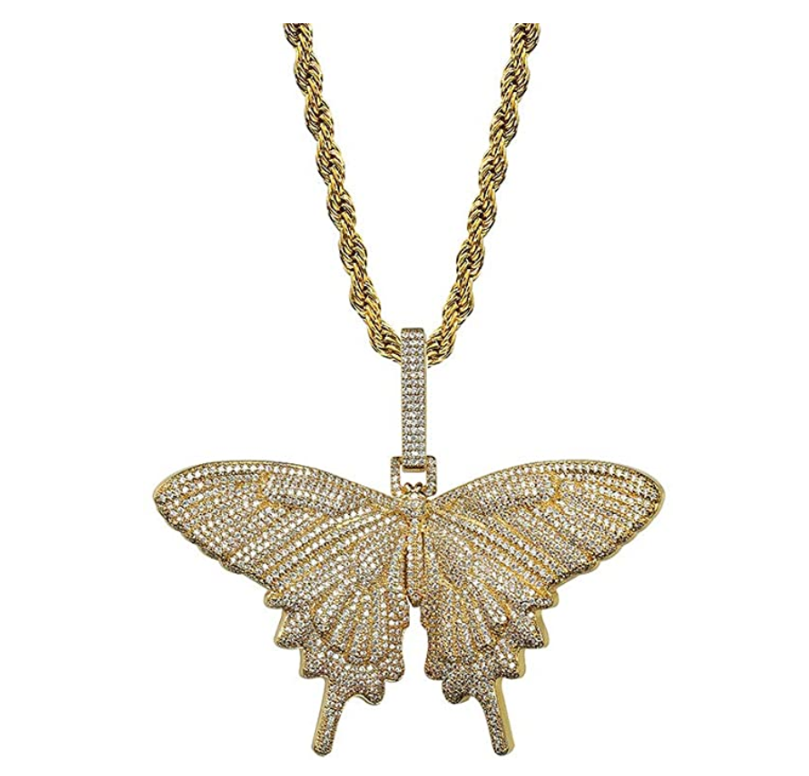 Butterfly Necklace Simulated Diamond Butterfly Pendants Hip Hop Jewelry Butterfly Chain Birthday Gift 24in.