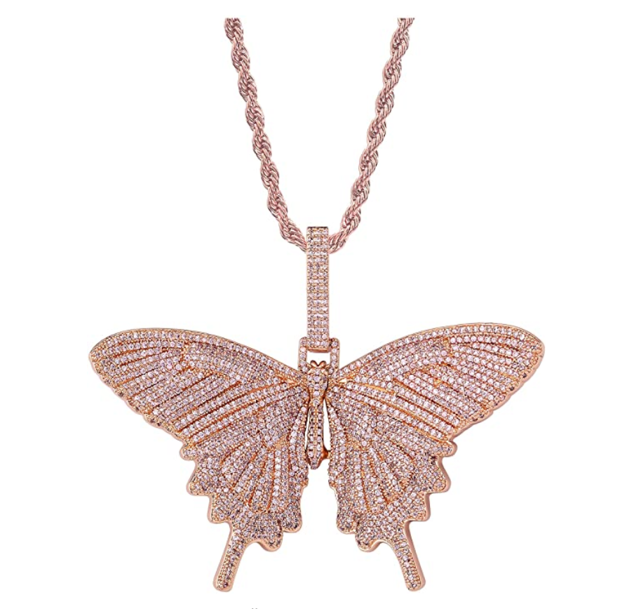 Butterfly Necklace Simulated Diamond Butterfly Pendants Hip Hop Jewelry Butterfly Chain Birthday Gift 24in.