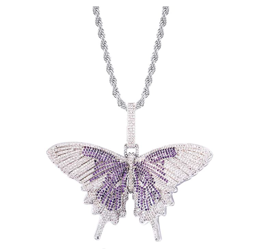 Butterfly Necklace Simulated Diamond Butterfly Pendants Hip Hop Jewelry Butterfly Chain Birthday Gift 24in.