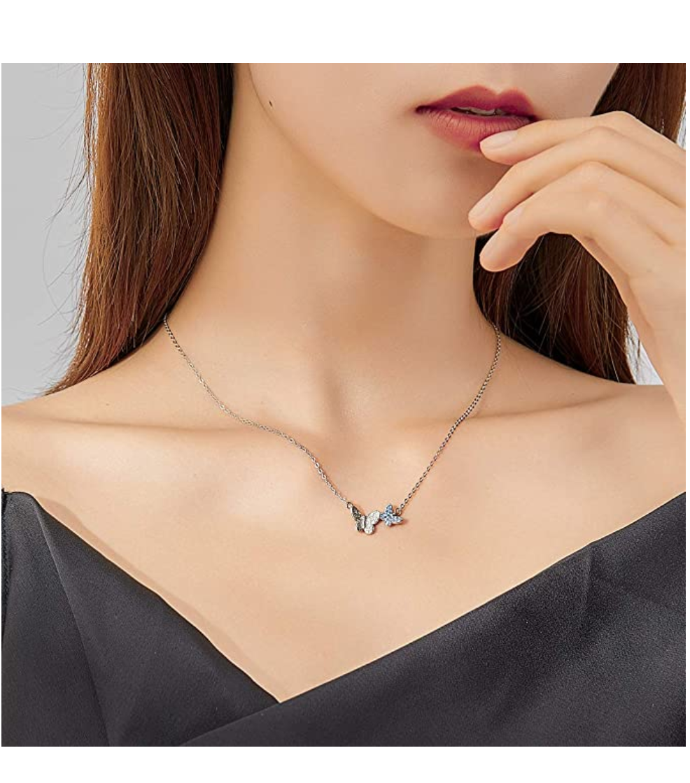 Two Butterfly Necklace Blue Butterfly Pendants Jewelry Butterfly Chain Birthday Gift 925 Sterling Silver 18in.