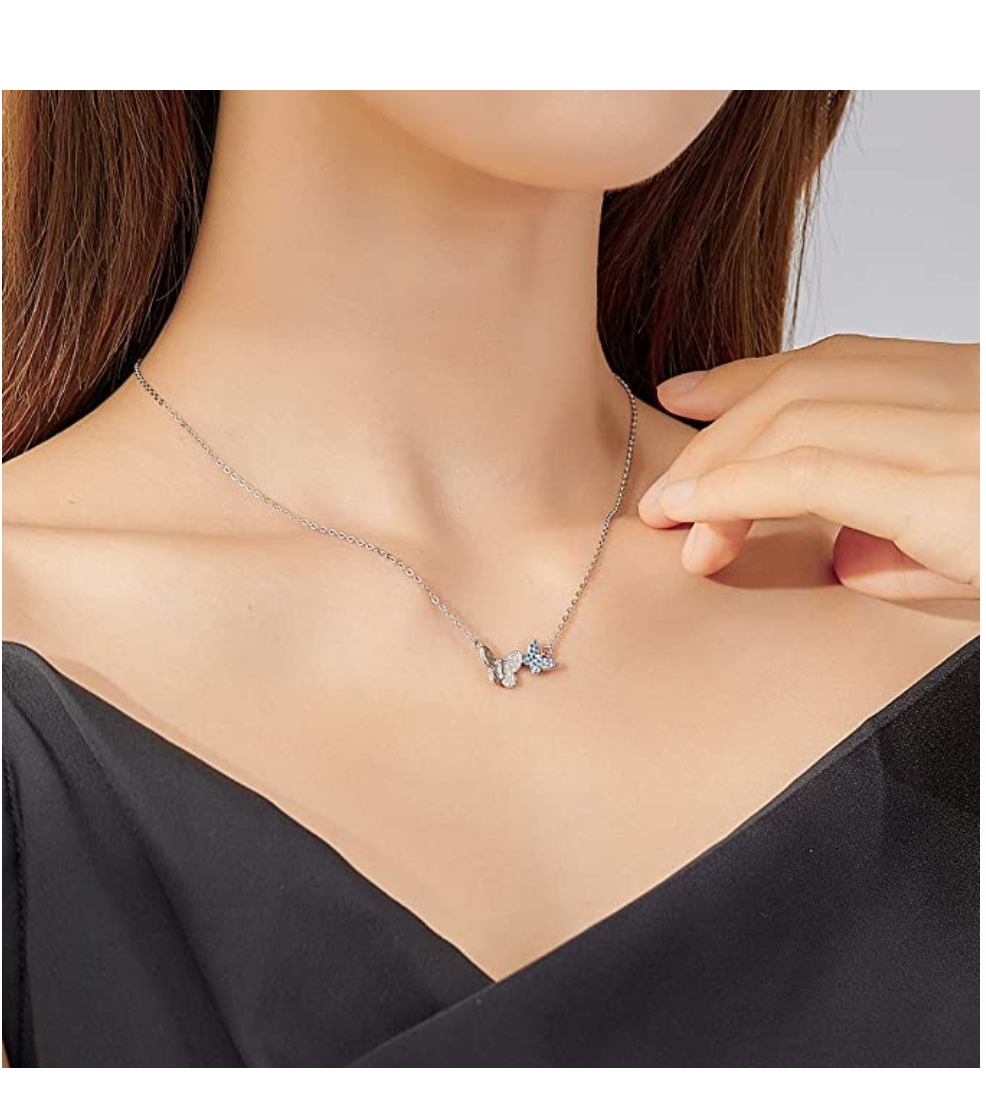 Two Butterfly Necklace Blue Butterfly Pendants Jewelry Butterfly Chain Birthday Gift 925 Sterling Silver 18in.