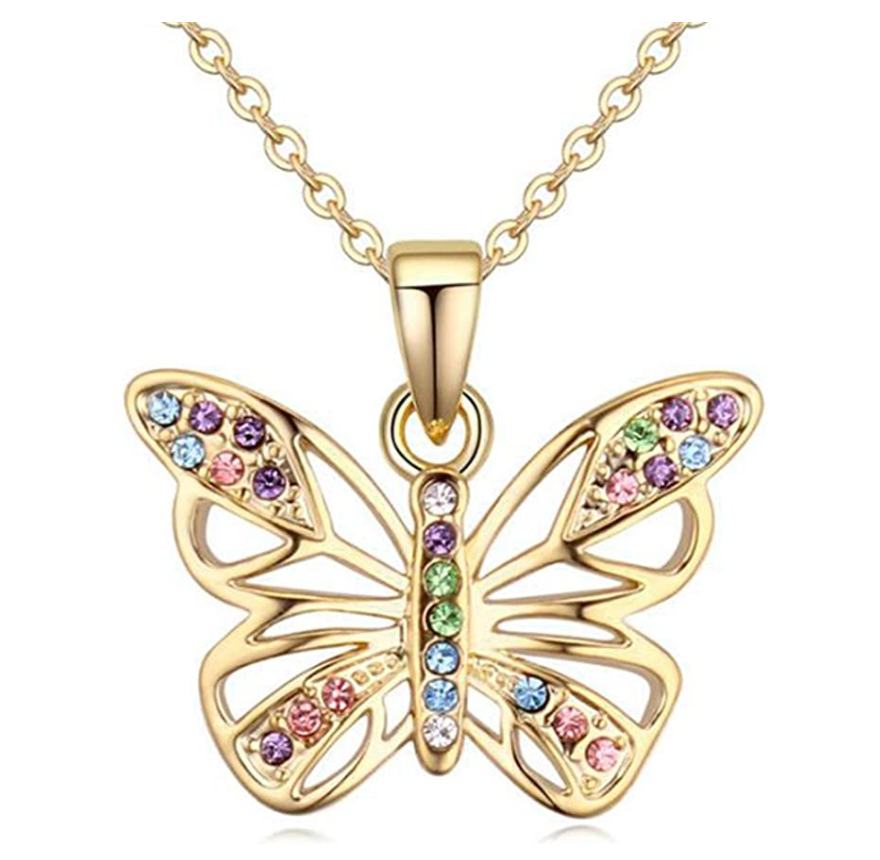 Butterfly Necklace Simulated Diamond Rainbow Butterfly Pendants Jewelry Butterfly Chain Birthday Gift 18in.