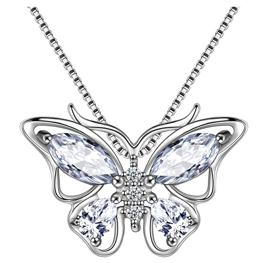 Beautiful Butterfly Birthstone Necklace Butterfly Pendants Jewelry Butterfly Created Gemstone Chain Birthday Gift Silver Color Simulated Diamonds 18in.