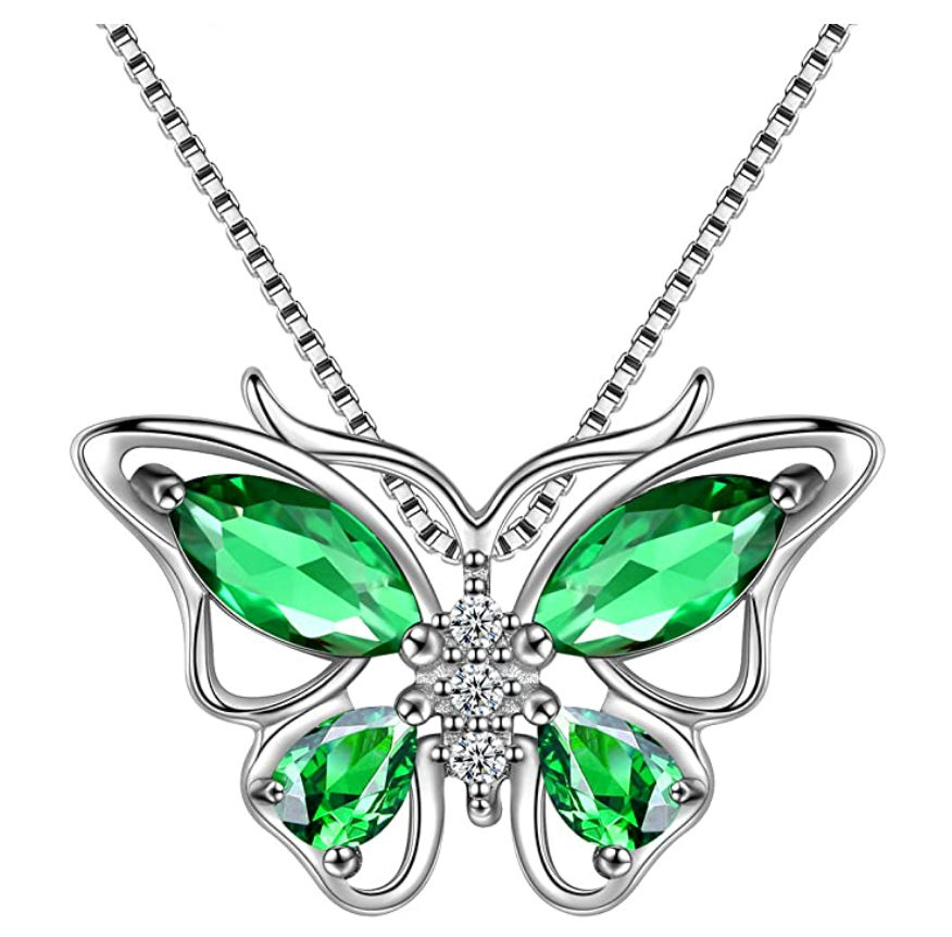 Beautiful Butterfly Birthstone Necklace Butterfly Pendants Jewelry Butterfly Created Gemstone Chain Birthday Gift Silver Color Simulated Diamonds 18in.