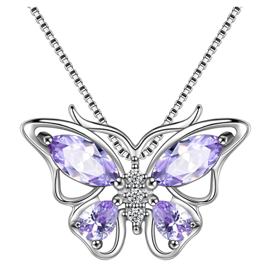 Beautiful Butterfly Birthstone Necklace Butterfly Pendants Jewelry Butterfly Created Gemstone Chain Birthday Gift Silver Color Simulated Diamonds 18in.