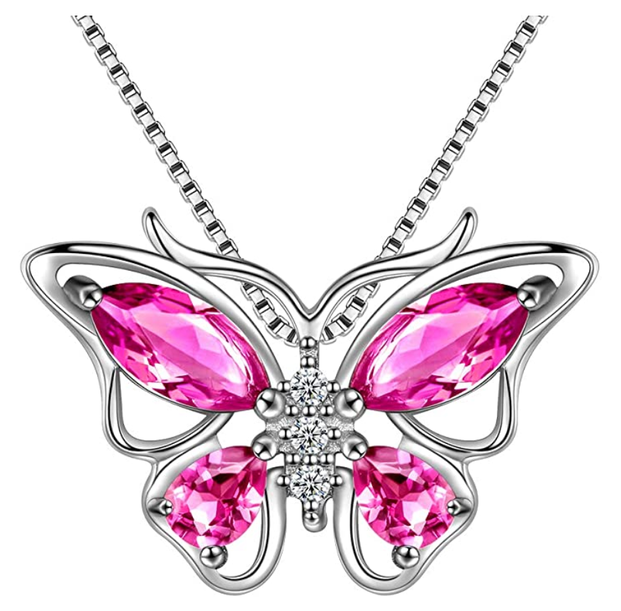 Beautiful Butterfly Birthstone Necklace Butterfly Pendants Jewelry Butterfly Created Gemstone Chain Birthday Gift Silver Color Simulated Diamonds 18in.