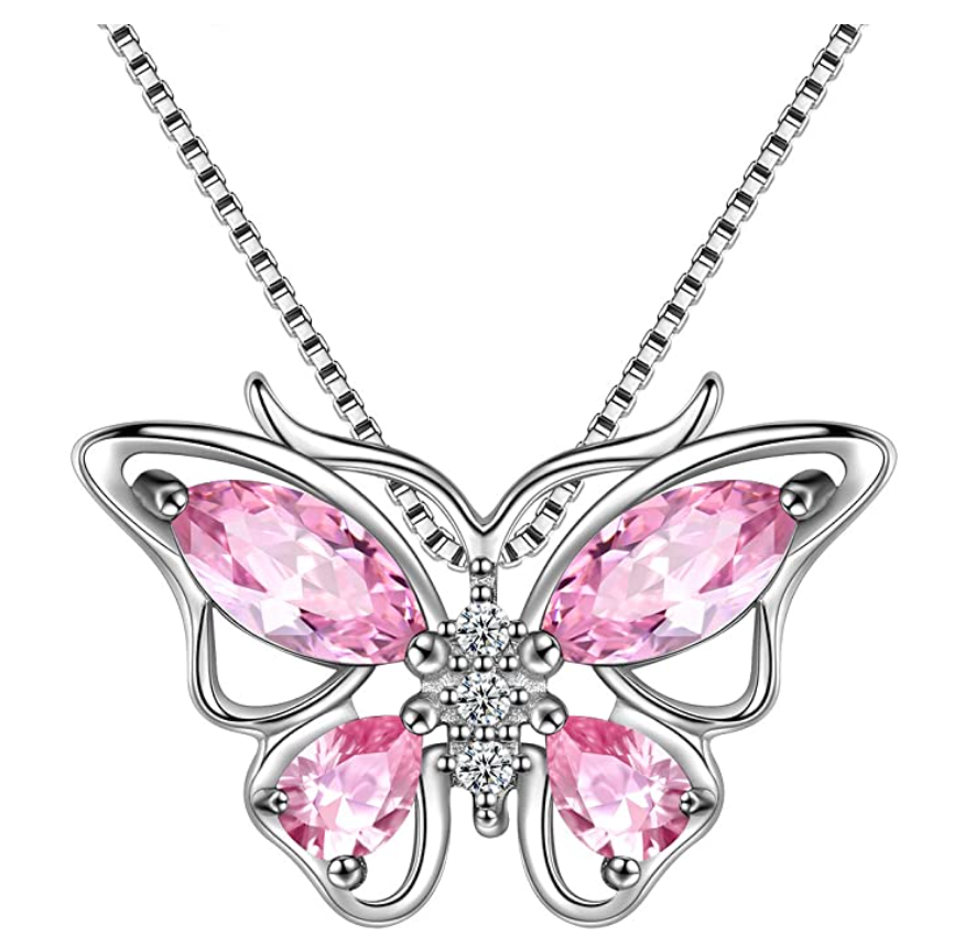 Beautiful Butterfly Birthstone Necklace Butterfly Pendants Jewelry Butterfly Created Gemstone Chain Birthday Gift Silver Color Simulated Diamonds 18in.