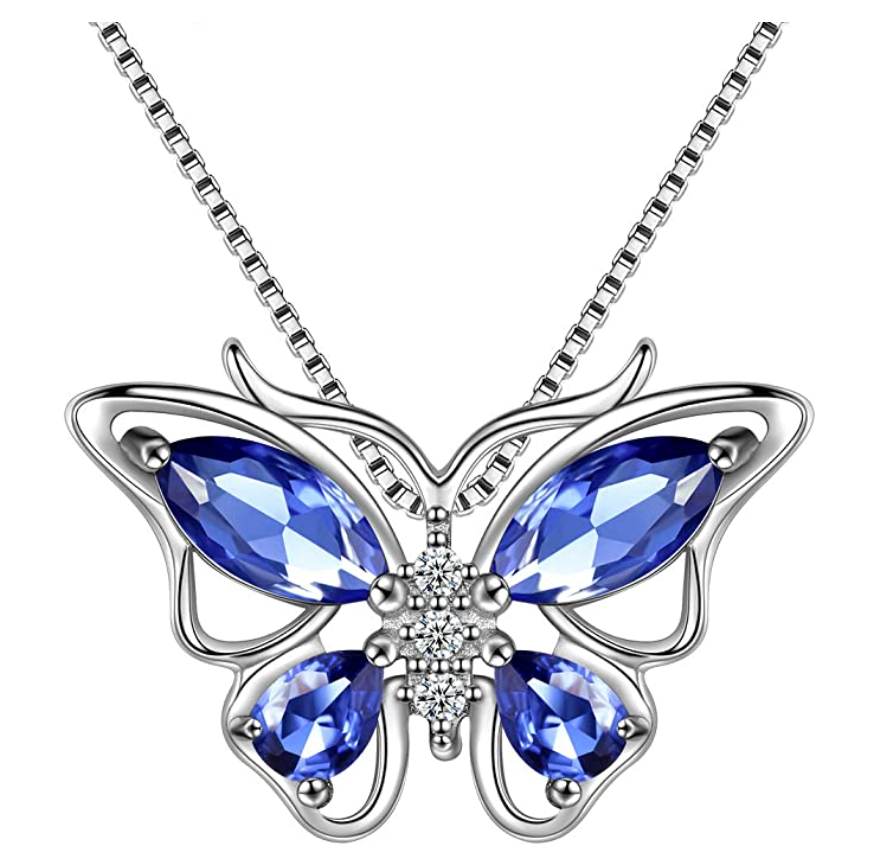 Beautiful Butterfly Birthstone Necklace Butterfly Pendants Jewelry Butterfly Created Gemstone Chain Birthday Gift Silver Color Simulated Diamonds 18in.