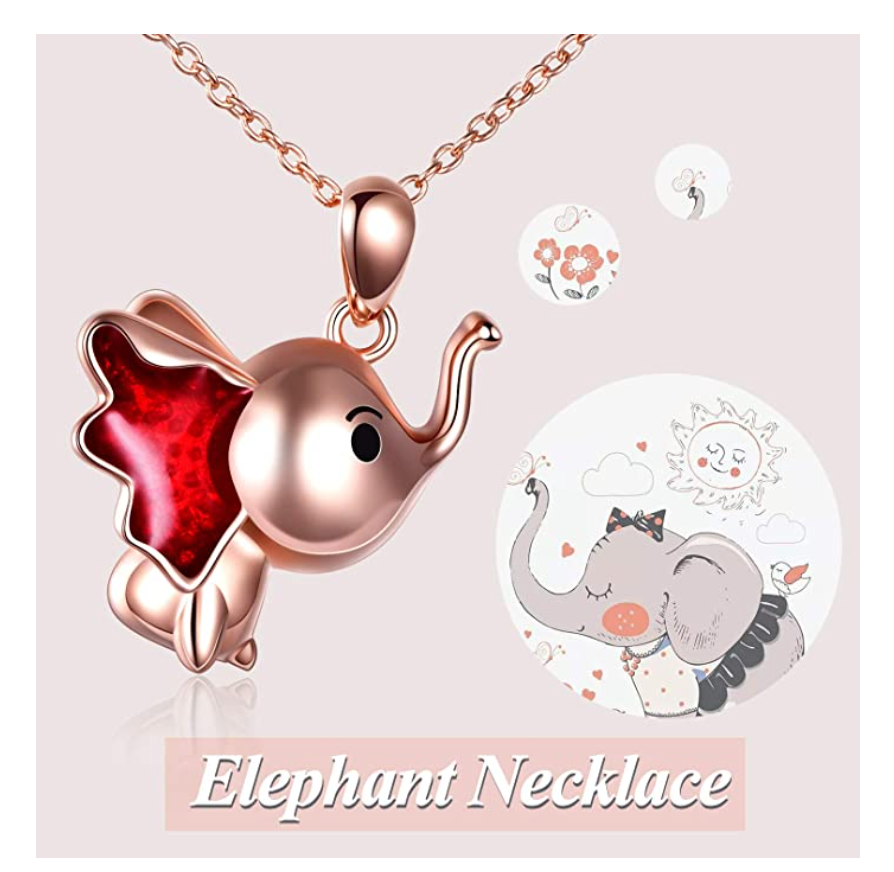 Cute Elephant Necklace Elephant Pendant Dumbo Jewelry Lucky Chain Gift Rose Gold 925 Sterling Silver 18in.