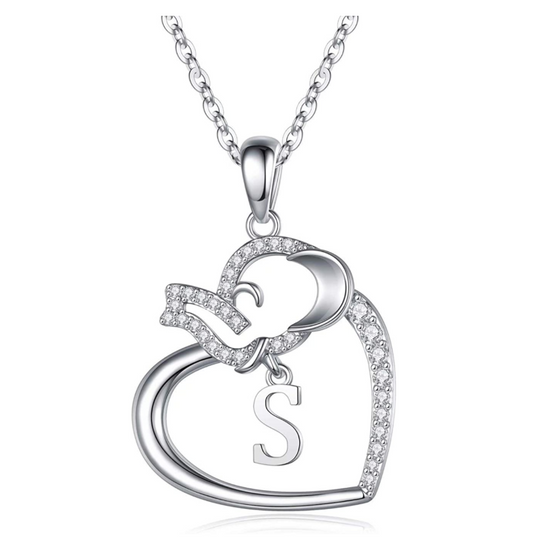 Custom Letter Baby Elephant Pendant Love Heart Necklace Elephant Jewelry Lucky Chain Gift Silver Color 18in.