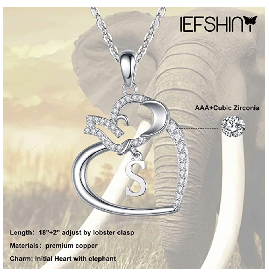 Custom Letter Baby Elephant Pendant Love Heart Necklace Elephant Jewelry Lucky Chain Gift Silver Color 18in.