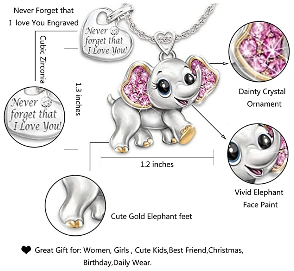 Elephant Heart Necklace Elephant Pendant Dumbo Jewelry Lucky Chain Gift Silver Color 18in.