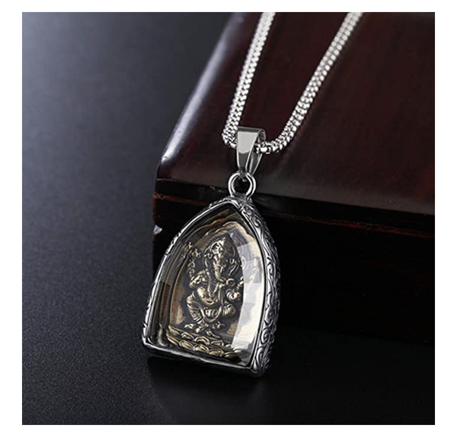 Lord Ganesh Necklace Amulet Pendant Elephant Jewelry Hindu Lucky Chain Silver Color 18in.