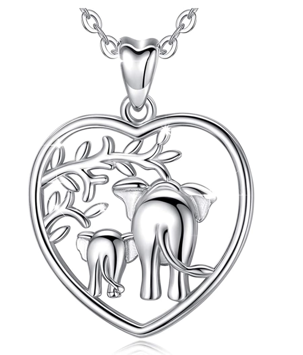 Heart Elephant Family Necklace Baby Elephant Pendant Jewelry Lucky Chain Silver Color 18in.