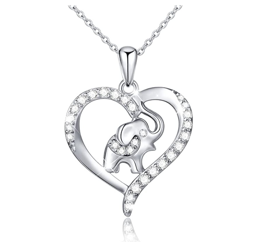 925 Sterling Silver Heart Elephant Family Necklace Baby Elephant Pendant Jewelry Lucky Simulated Diamond Chain 18in.