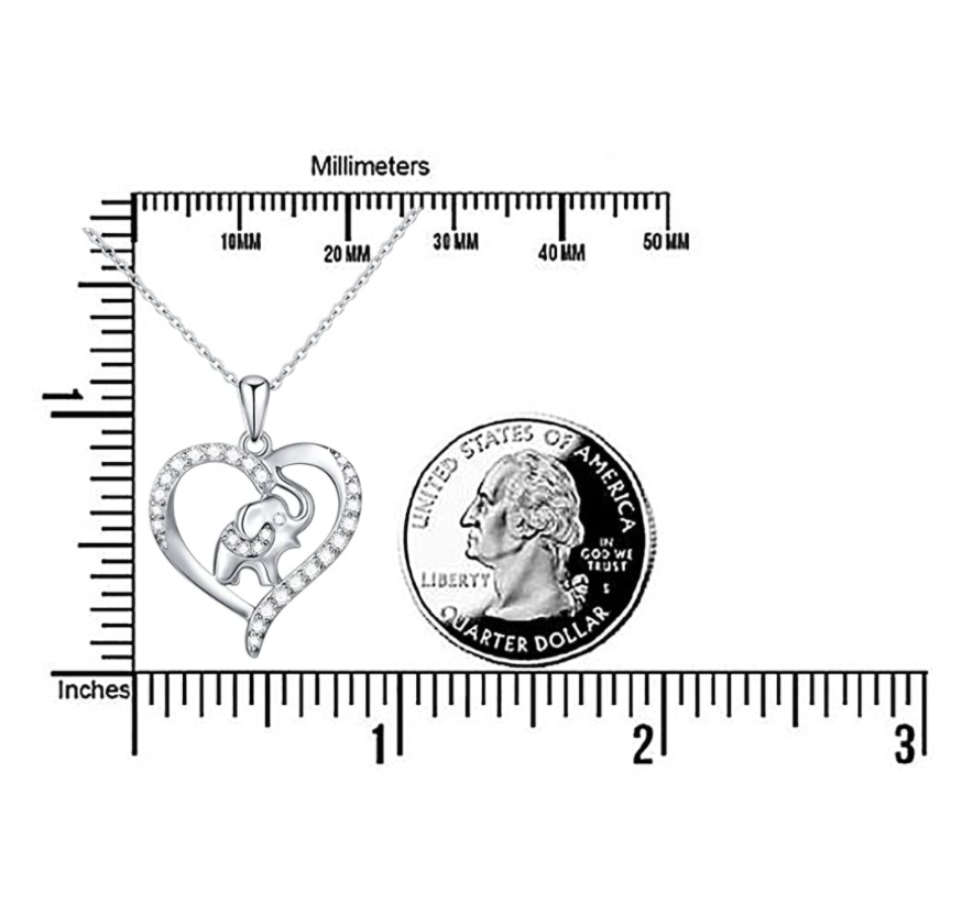 925 Sterling Silver Heart Elephant Family Necklace Baby Elephant Pendant Jewelry Lucky Simulated Diamond Chain 18in.