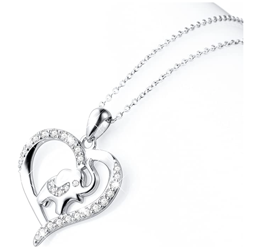 925 Sterling Silver Heart Elephant Family Necklace Baby Elephant Pendant Jewelry Lucky Simulated Diamond Chain 18in.