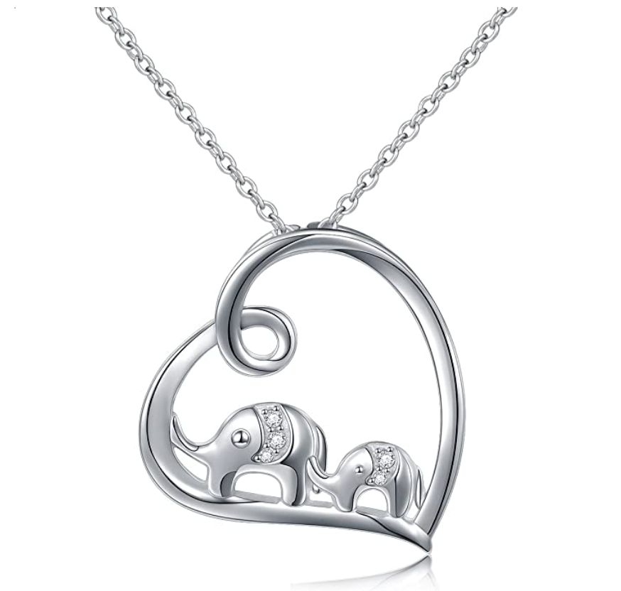 Mother & Child Heart Elephant Family Necklace Baby Elephant Pendant Jewelry Lucky Simulated Diamond Chain 925 Sterling Silver 18in.