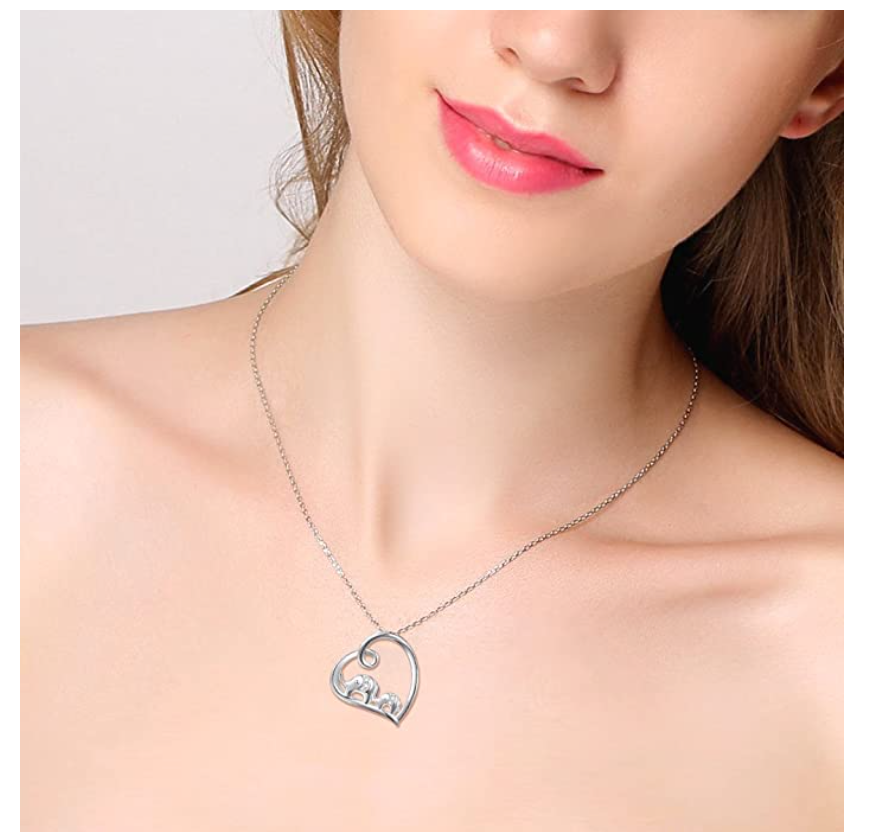 Mother & Child Heart Elephant Family Necklace Baby Elephant Pendant Jewelry Lucky Simulated Diamond Chain 925 Sterling Silver 18in.