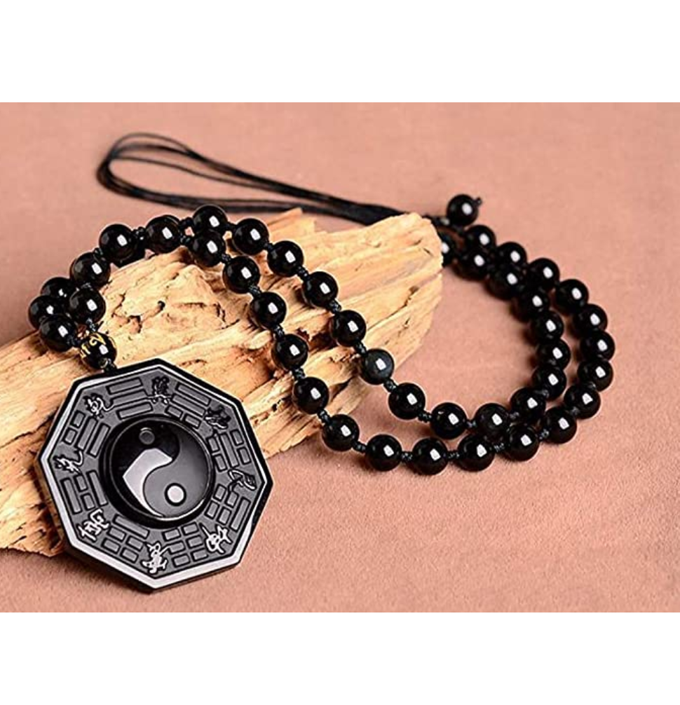 Gossip Taiji Necklace Black Obsidian Yin Yang Pendant Chinese Japanese Jewelry Asian Oriental Lucky Bead Chain Chord Gift 22in.