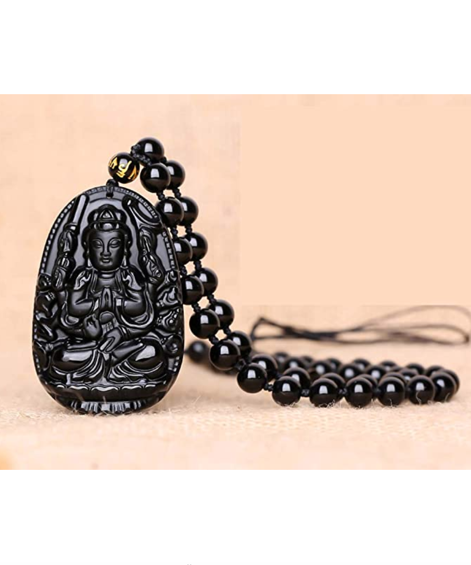 Buddha Necklace Black Obsidian Buddhist Pendant Chinese Japanese Jewelry Asian Oriental Lucky Bead Chain Chord Gift 22in.