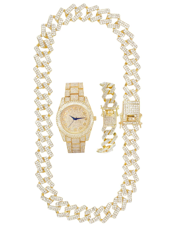 Red Face Watch Gold Color Simulated Diamond Cuban Link Chain Set Spike Necklace Bust Down Hip Hop Bracelet Bundle